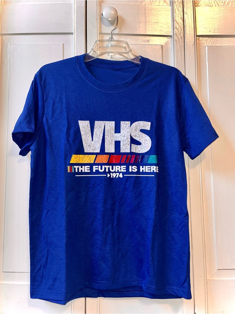 Vintage 1974 VHS Logo The Future Is Here Royal Blue, Men’s Throwback T-Shirt M